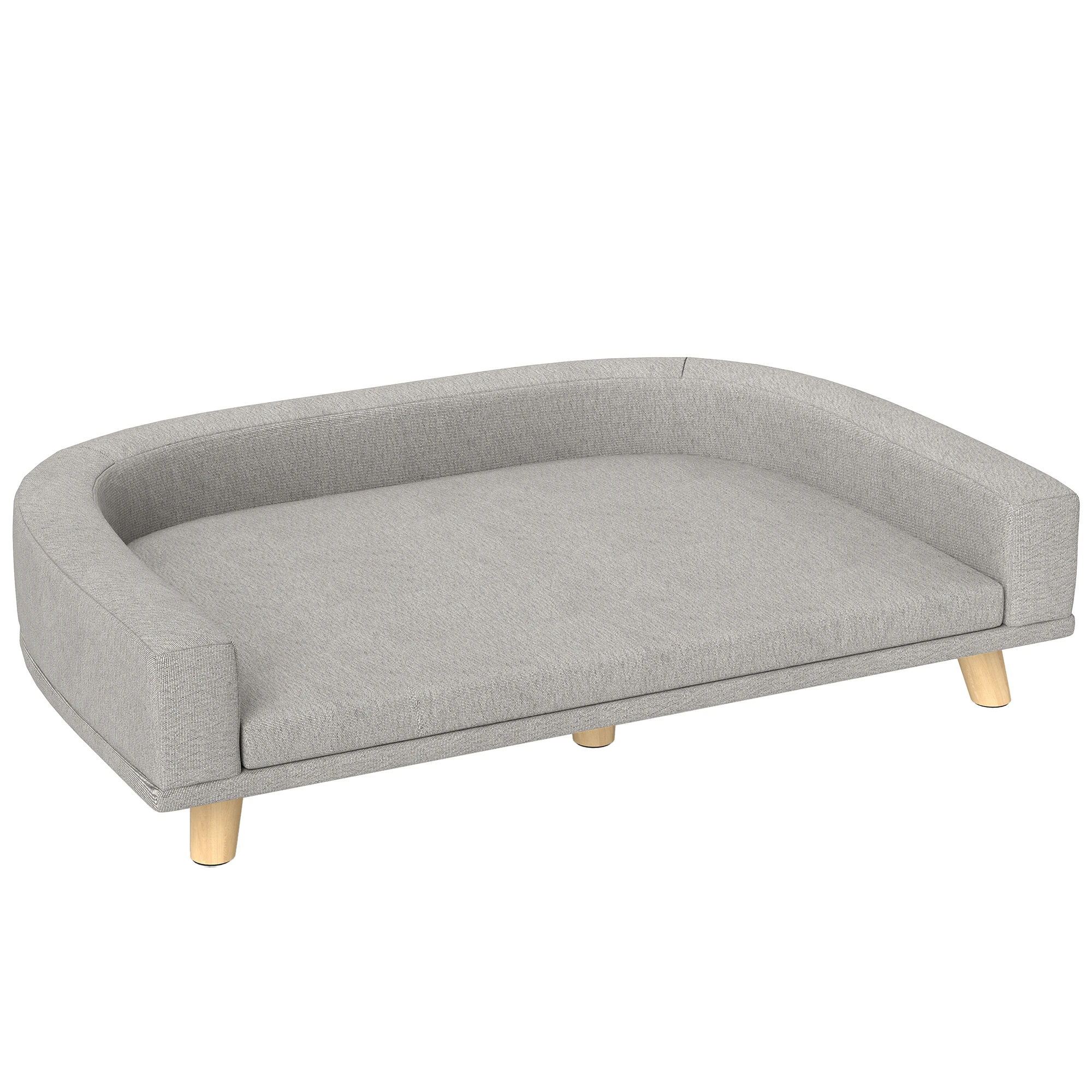 Hundesofa für große Haustiere, erhöhtes Design, gepolstert, mit Holzbeinen, Grau, 98 x 67 x 25 cm.