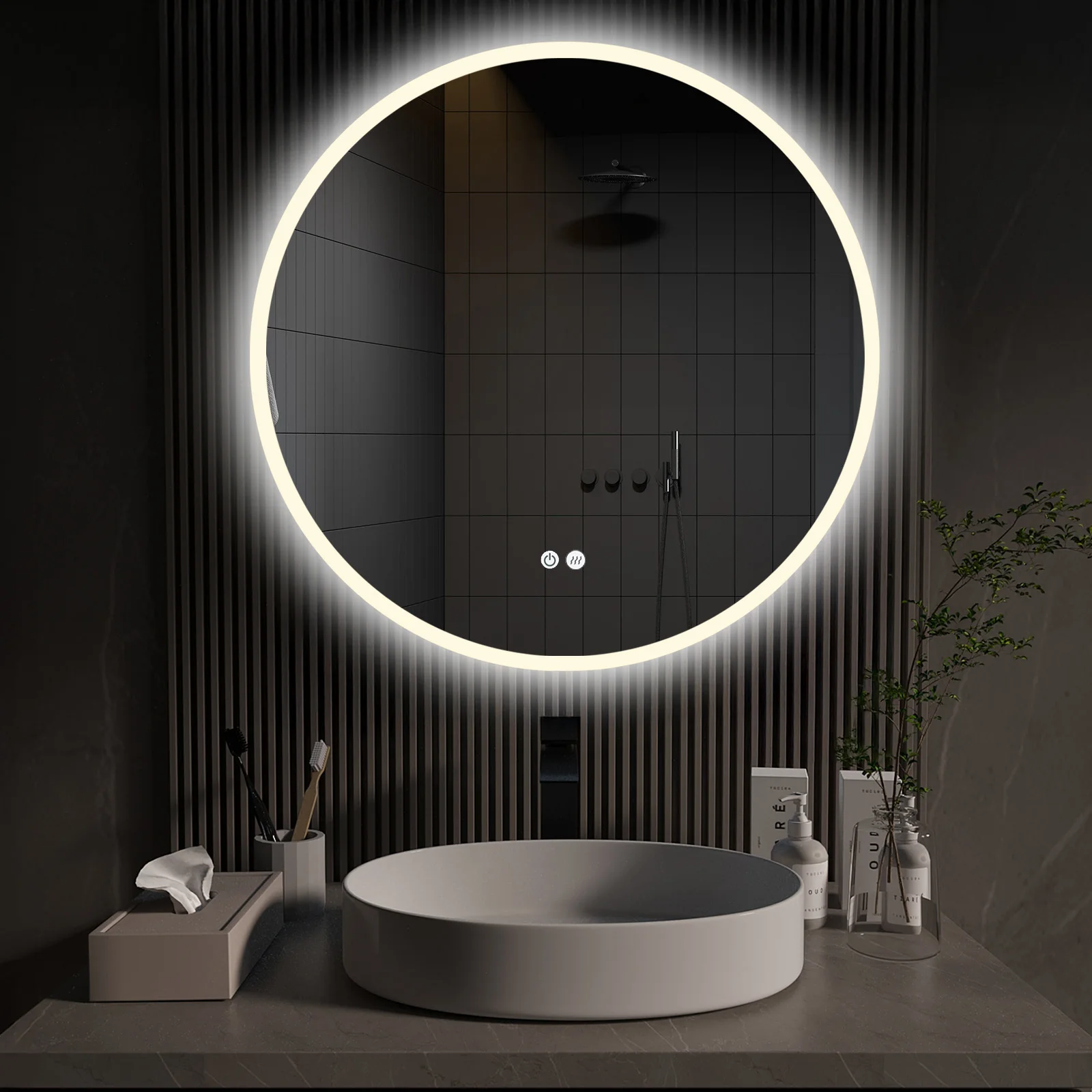 HOKO LED Badspiegel Rund 80 cm mit Antibeschlag-Funktion, Wandspiegel mit Touch-Schalter, Badezimmerspiegel Beleuchtet, Lichtfarbe stufenlos dimmbar, IP44