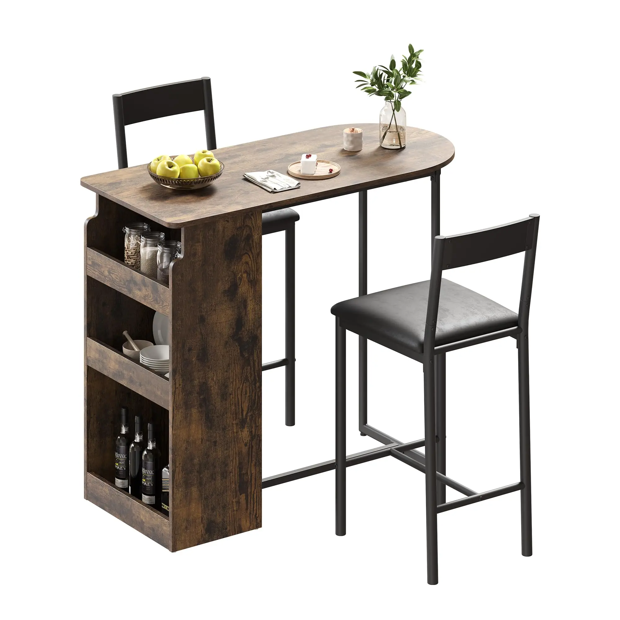 Modernes Bartisch-Set für 2 Personen, bestehend aus 1 Küchentisch und 2 gepolsterten Stühlen, Bartisch aus Holz mit integrierten