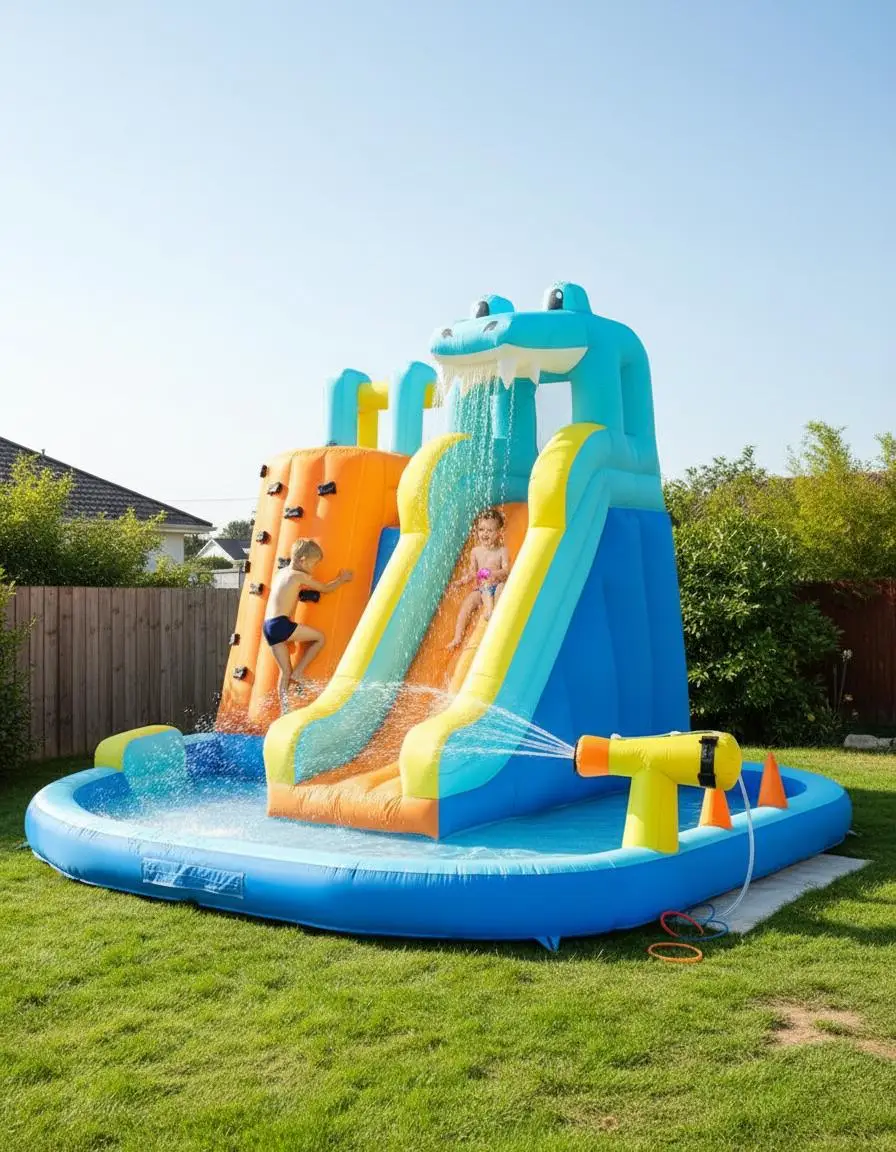 Aufblasbarer Wasserspielpark 353x400x235cm für Garten, Kindergeburtstag, Sommer-Event, Krokodil-Design, Rutsche, Kletterwand, Wasser Image