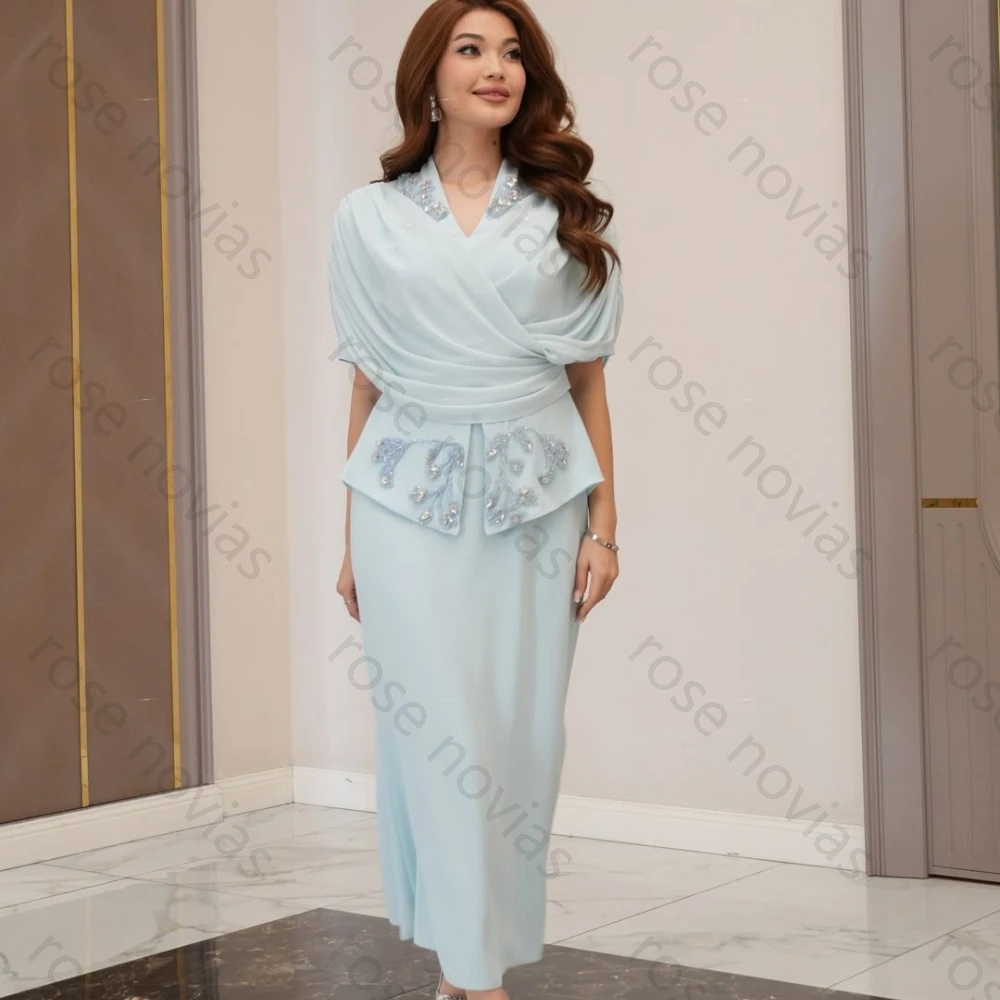 Customized Blue Formal Two-Piece Evening Set with Draped V-Neck Top, Beaded Floral Appliqué and Matching Midi Skirt for Brunch