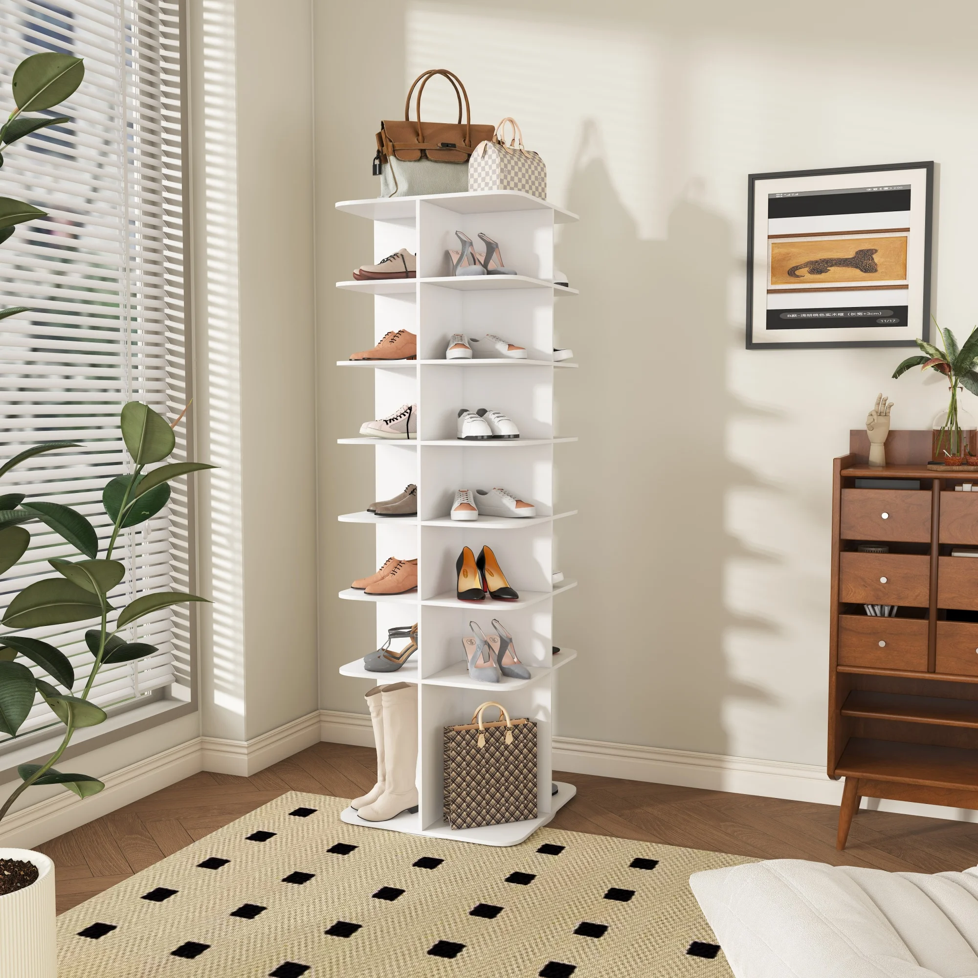 7-stufiges drehbares Schuhregal, 360° ° Freistehender Schuh-Organizer-Turm, Weißer Lazy Susan Aufbewahrungsturm für 28 Paar Schuhe