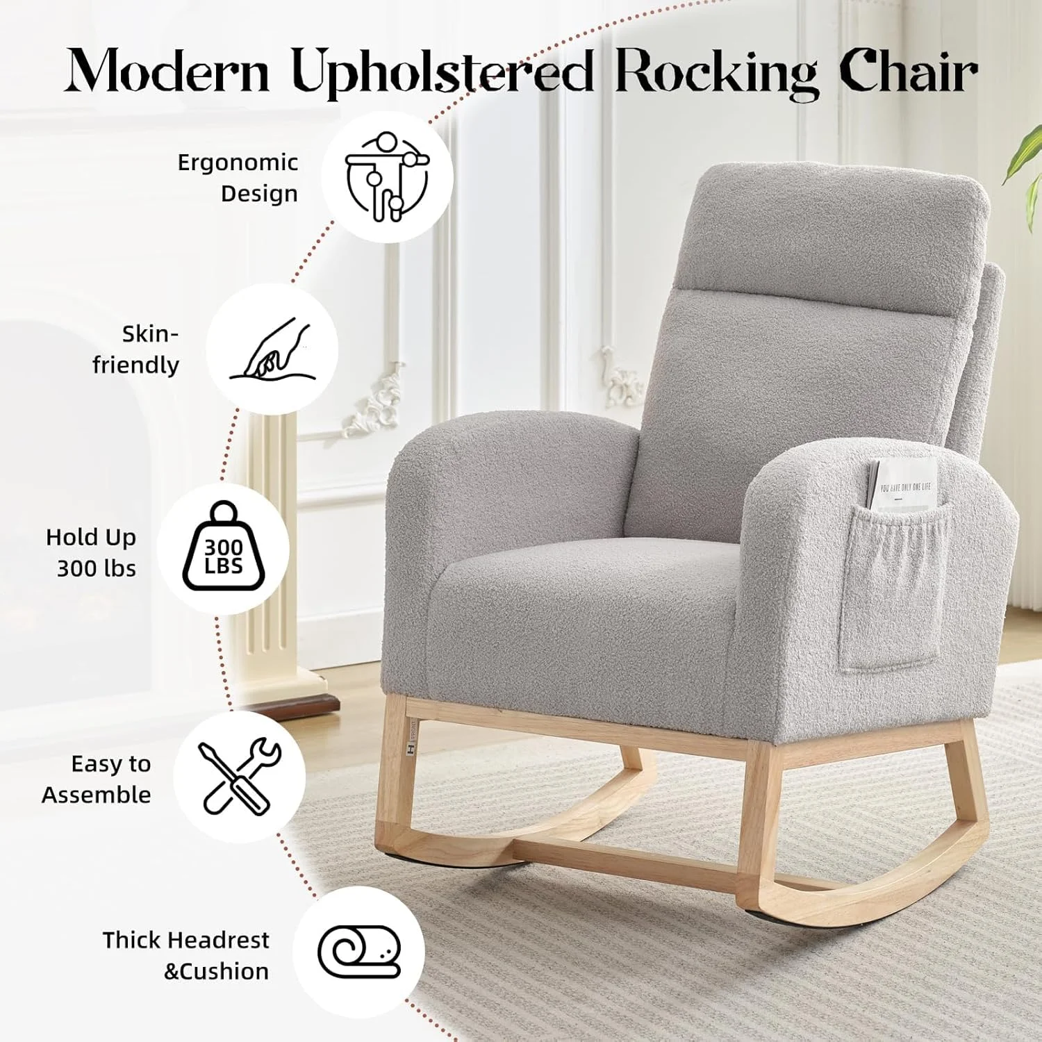 Moderner Schaukelstuhl für Kinderzimmer – Faux-Leder-Gleiter mit Gummi-Holzbeinen und Seitentasche, komfortabler Sessel für Babyzimmer und Wohnzimmer, zeitgenössisches Design in Grau
