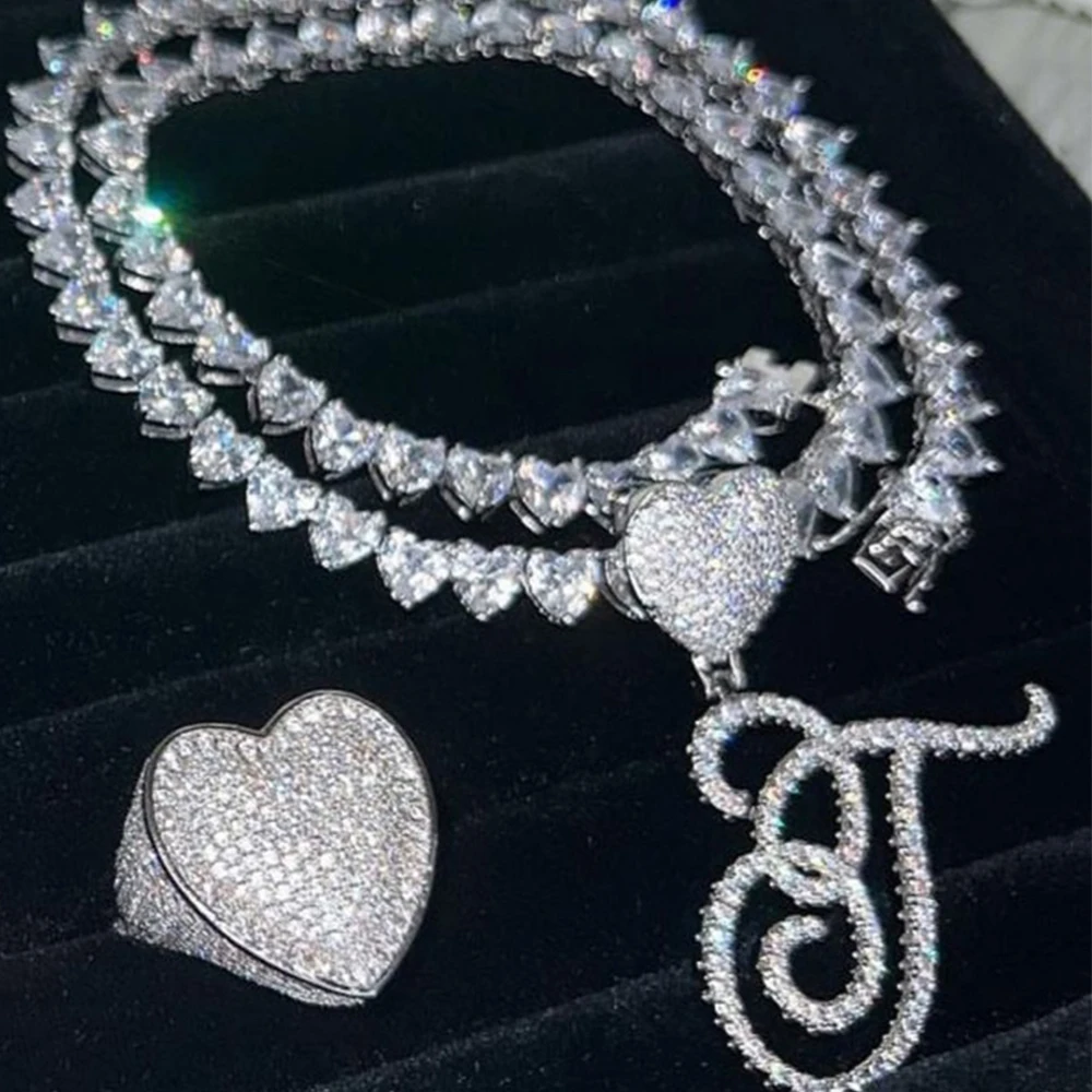 Vereiste Herz kursive Buchstaben Anhänger Halskette für Frauen Herz Tennis Kette Initialen kubanische Kette Halskette Hip Hop Schmuck Image