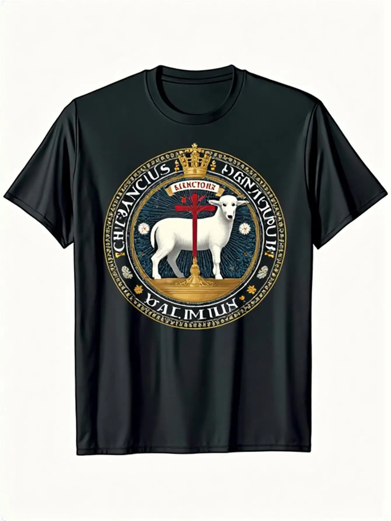 T-Shirt mit dem Wappen „Heiliges Lamm Gottes“ und klassischem religiösem Design, mit Vintage-Porträts, 100 % bequeme Passform für beide Größen M