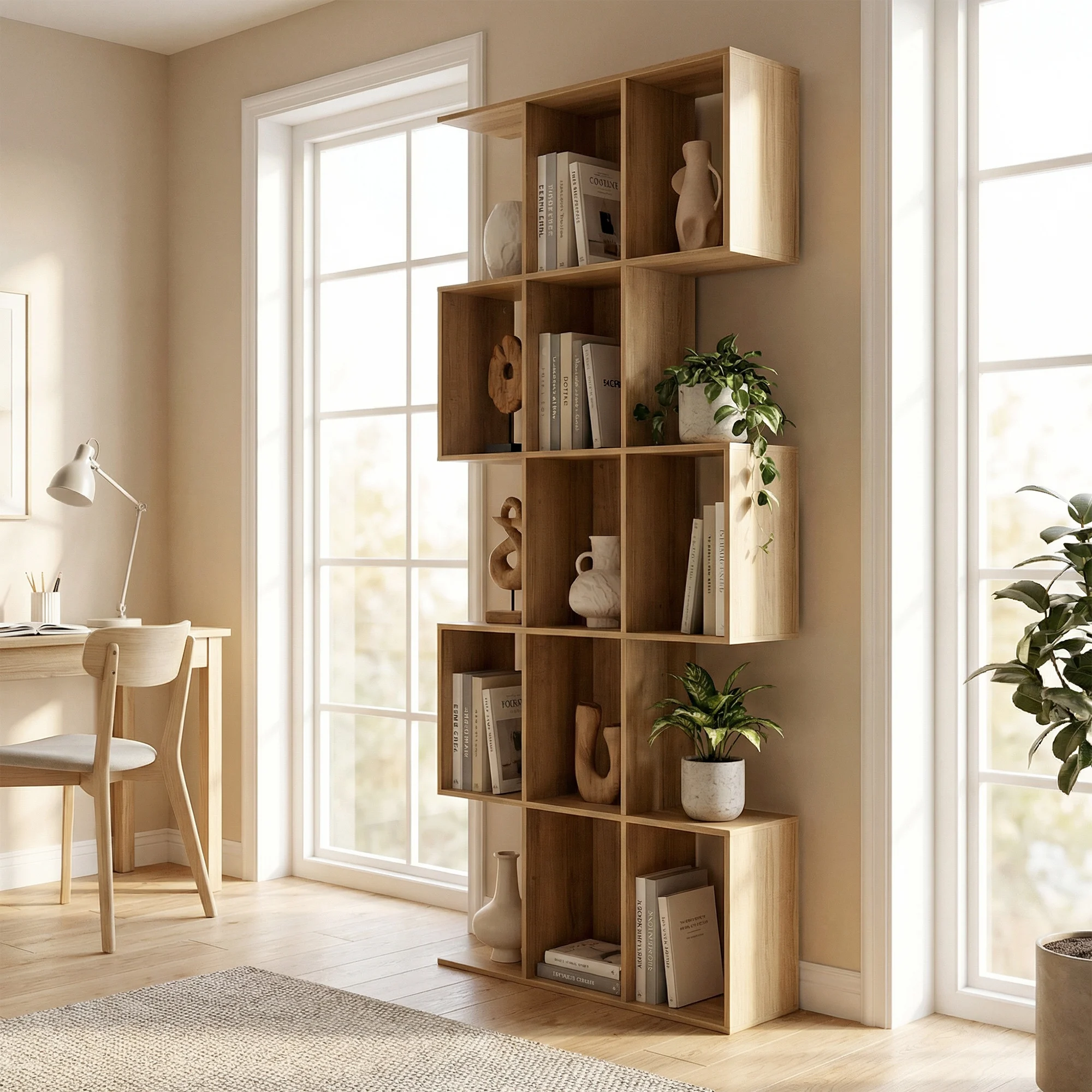 S-förmige Bücherregalwand mit 5 Ebenen für Wohnzimmer, Schlafzimmer, Arbeitszimmer, Büro, 80x24x200 cm, Eiche Image
