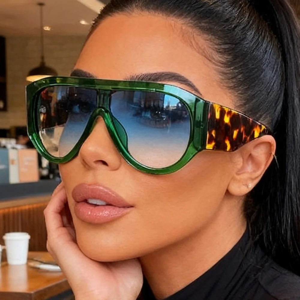 Vintage One Piece Piloten-Sonnenbrille in Grün für Damen, Neues Modedesign, Trendige Ovale Damen-Sonnenbrillen UV400 in Schwarz und Braun für Outdoor-Aktivitäten