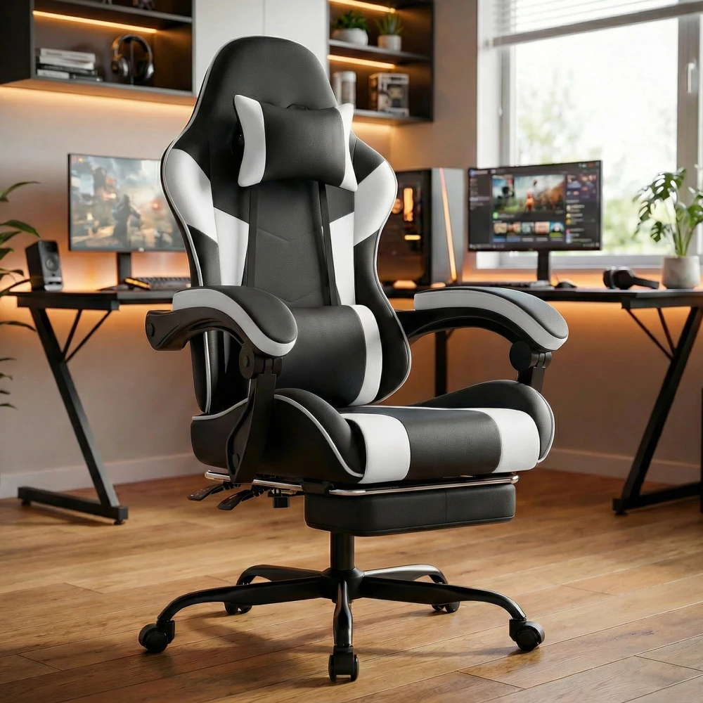 Gaming-Stuhl Ergonomischer Gaming-Sessel mit Lendenwirbelstütze, Atmungsaktiver PU-Leder Bürostuhl, Komfortabler Computerstuhl