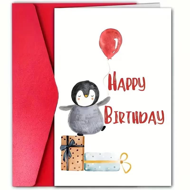 Bezaubernde Geburtstagskarte mit Pinguin und Luftballons mit Umschlag – perfekt für Familie, Kinder und Freunde – alles Gute zum Geburtstag Image