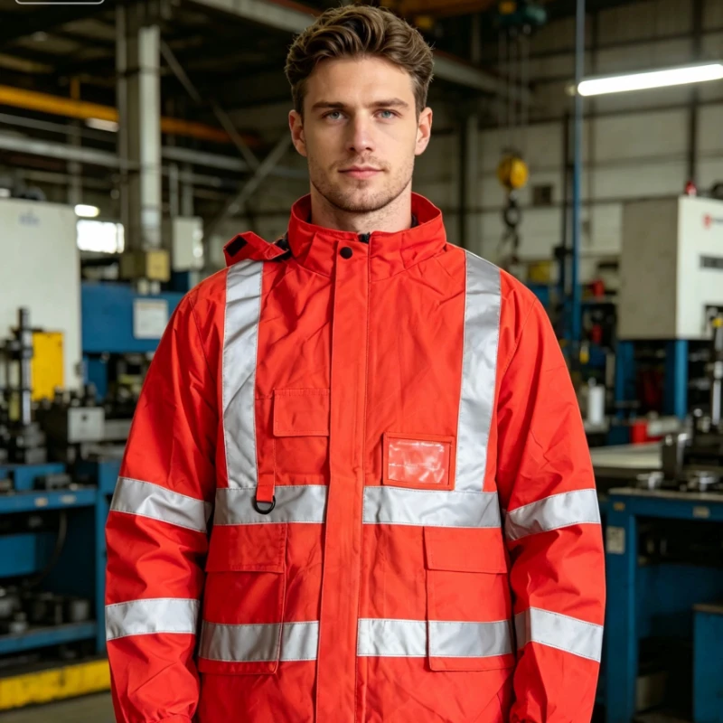 Arbeitskleidung für Herren, Arbeitskleidung für Damen, dünne Jacke mit reflektierenden Streifen im architektonischen Stil Image