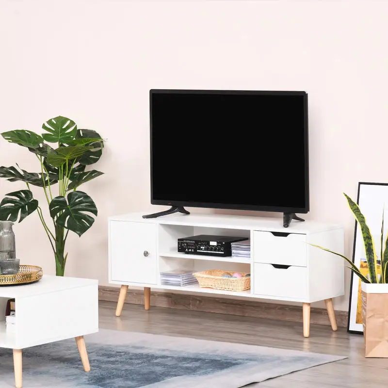 TV-Möbel für Fernseher mit 50 Zoll Bildschirm, Wohnzimmertisch mit Tür, 2 offenen Regalen und 2 Schubladen, 120x28x44 cm, Weiß