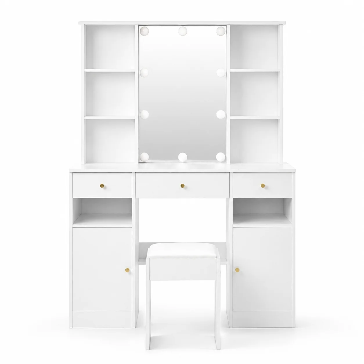 Weißer Schminktisch mit LED-Spiegel und Hocker, Maße 110 x 40 x 151 cm, mit 3 Lichtfarben, 3 Schubladen, 2 Schranktüren und Stauraum; geeignet für den Einsatz im Schlafzimmer. Image
