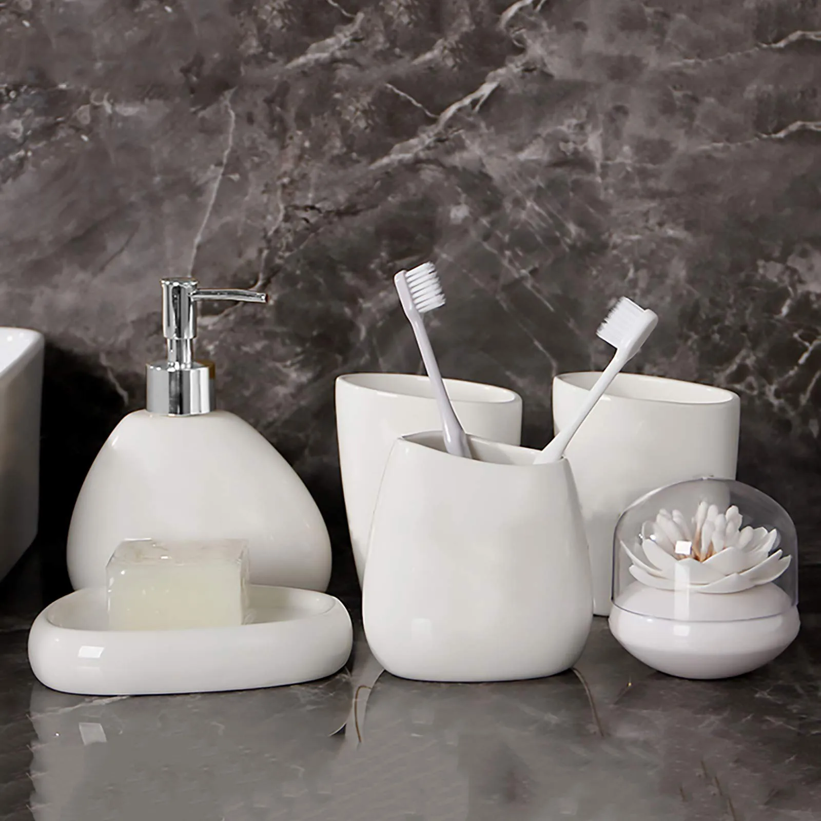 Keramik-Badezimmer-Zubehör-Set Luxus-Badezimmer-Waschtisch-Set Seifenspender Zahnbürstenhalter Seifenschale Badezimmer-Ausstattung