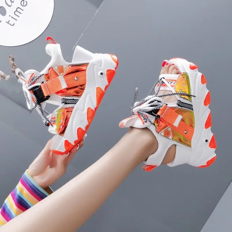 Schuhe Frau 2025, Punk-Plattform-Sneaker, Sandalen, offene Zehen, Strand, Freizeitschuhe, klobiger Keilabsatz, Turnschuhe, runder Kopf, Schnürung, Sommer