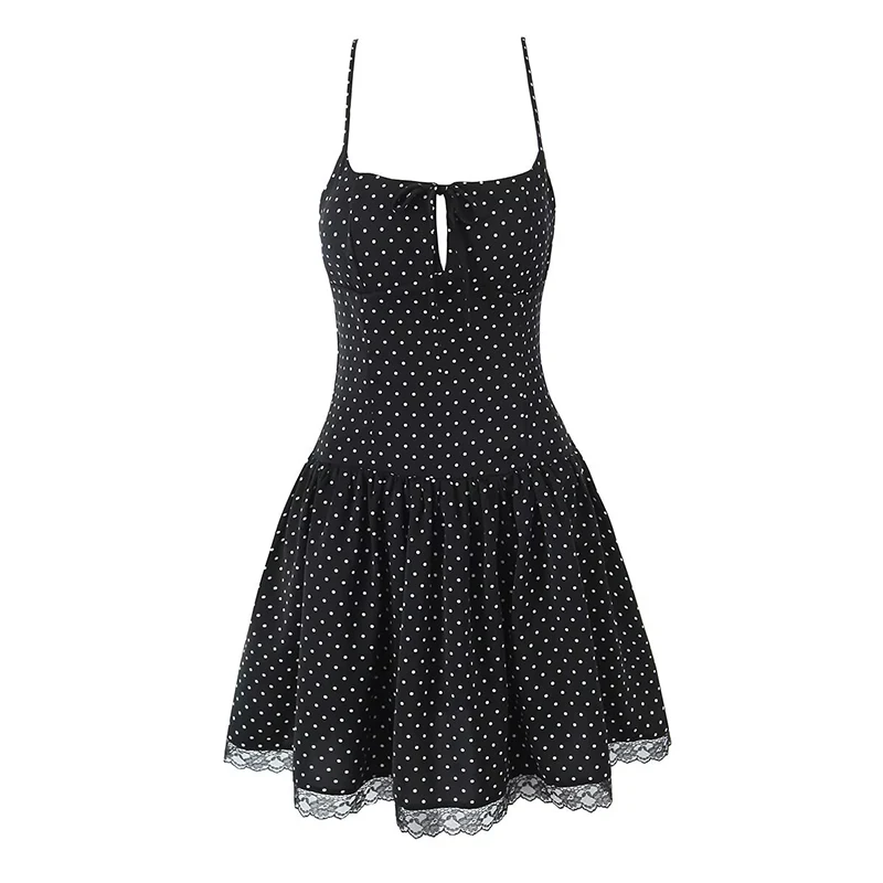 YENKYE Spitze Verstärktes Polka Dot Sexy Sling Mini Kleid Frauen O Hals Ärmellose A-linie Sommer Kleider Schwarz Robe Urlaub Vestidos