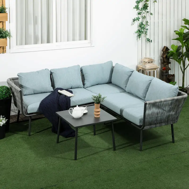 Garten-Eckgarnitur 4-teilig mit 2 Ecksofas für 2 Personen + 1 Ecksofa für 1 Person + Couchtisch, graue Kissen