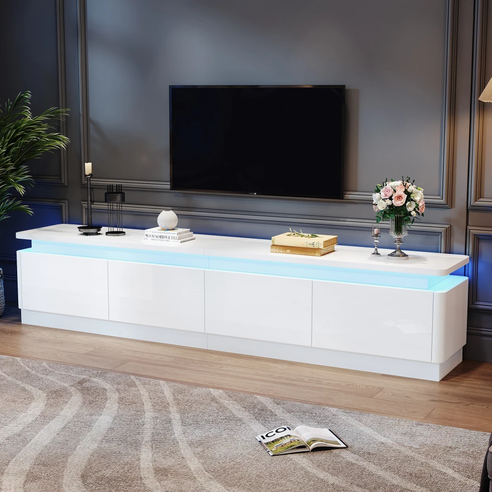 Weißer Hochglanz-TV-Ständer 180×34×40 cm, 4 Schubladen mit LED-Beleuchtung, TV-Schrank geeignet für Fernseher bis zu 80 Zoll