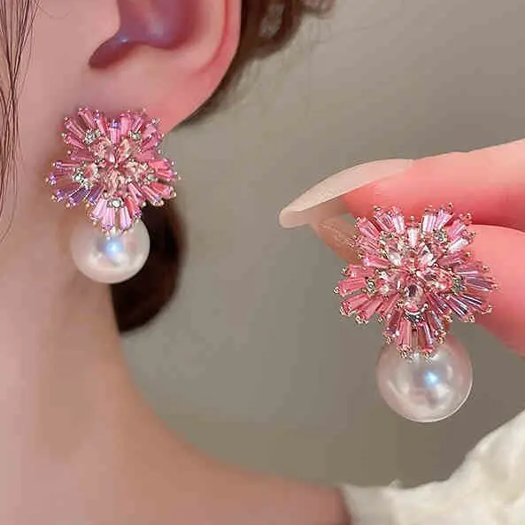 Schneeflocken-Zirkon-Perlen-Ohrstecker für Hochzeiten, Brautjungfern-Ohrringe, Schmuck für Mädchen Image