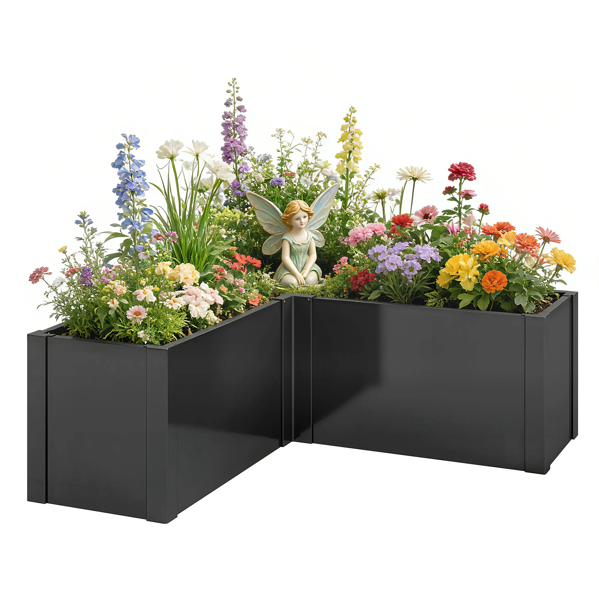 Wetterfestes L-förmiges Hochbeet, Verzinkter Stahl, 150x150x55 cm, Schwarz, Perfekt für Frühpflanzungen Image