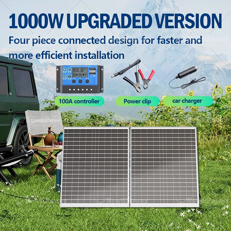1000W verbessertes Solarpanel-Set, faltbares 4-teiliges Design mit 100A-Controller, Stromklemmen und Autoladegerät, für Wohnmobile, Camping Image