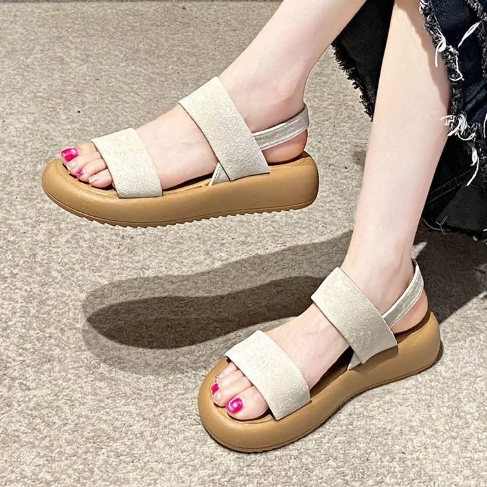 Luxuriöse beige Plateau-Sandalen mit doppeltem Riemen, dicke Sohle, rückenfreie Mules, Premium-Komfort, Sommerschuhe, elegante Freizeitschuhe, Streetwear