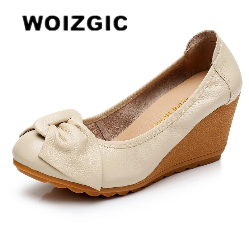 WOIZGIC Frauen Damen Weibliche Mutter frau Echtem Leder Schuhe Wohnungen High Heels Slip Auf Sommer Bogen-knoten Größe 34-40 ZBM-A08