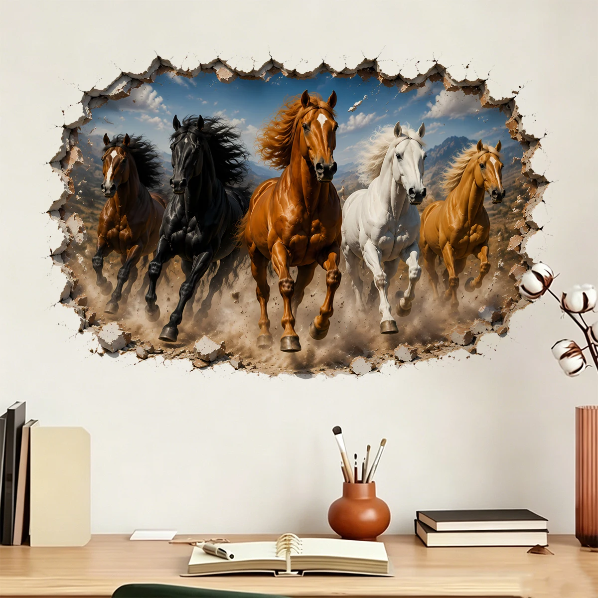 3D Laufende Pferde Wandaufkleber, Pferde-Wandtattoo mit Bruchwand-Effekt, Kraftvolle Tier-Wandkunst für Wohnzimmer, Schlafzimmer und Bürodekoration