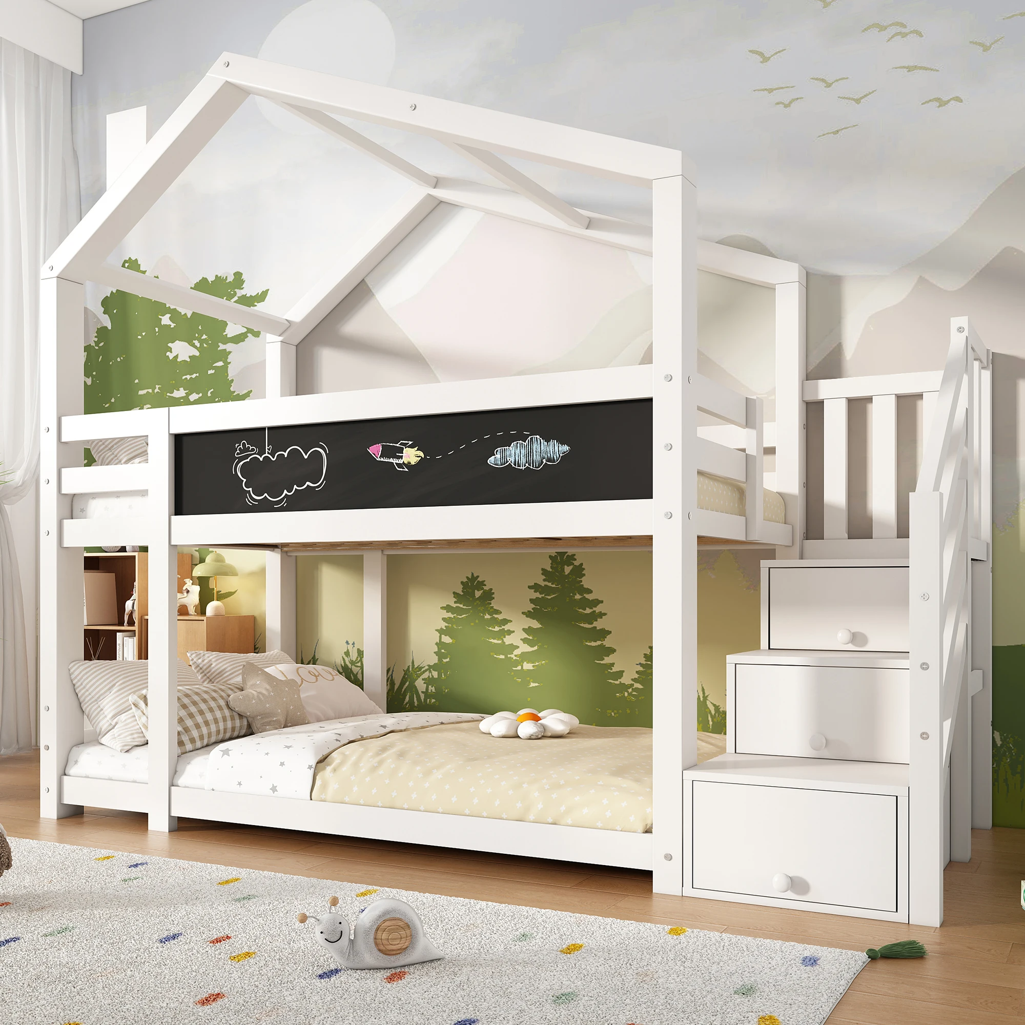 Etagenbett für 2 Personen mit Stauraumtreppe, Tafel und Schutzgitter 90×200 cm, Weiß Image