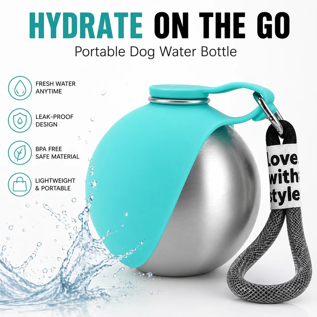 Tragbare Haustier-Wasserflasche aus Edelstahl mit Silikonschüssel für Katzen und Hunde, ideal für Reisen, Spaziergänge und Wanderungen. Image
