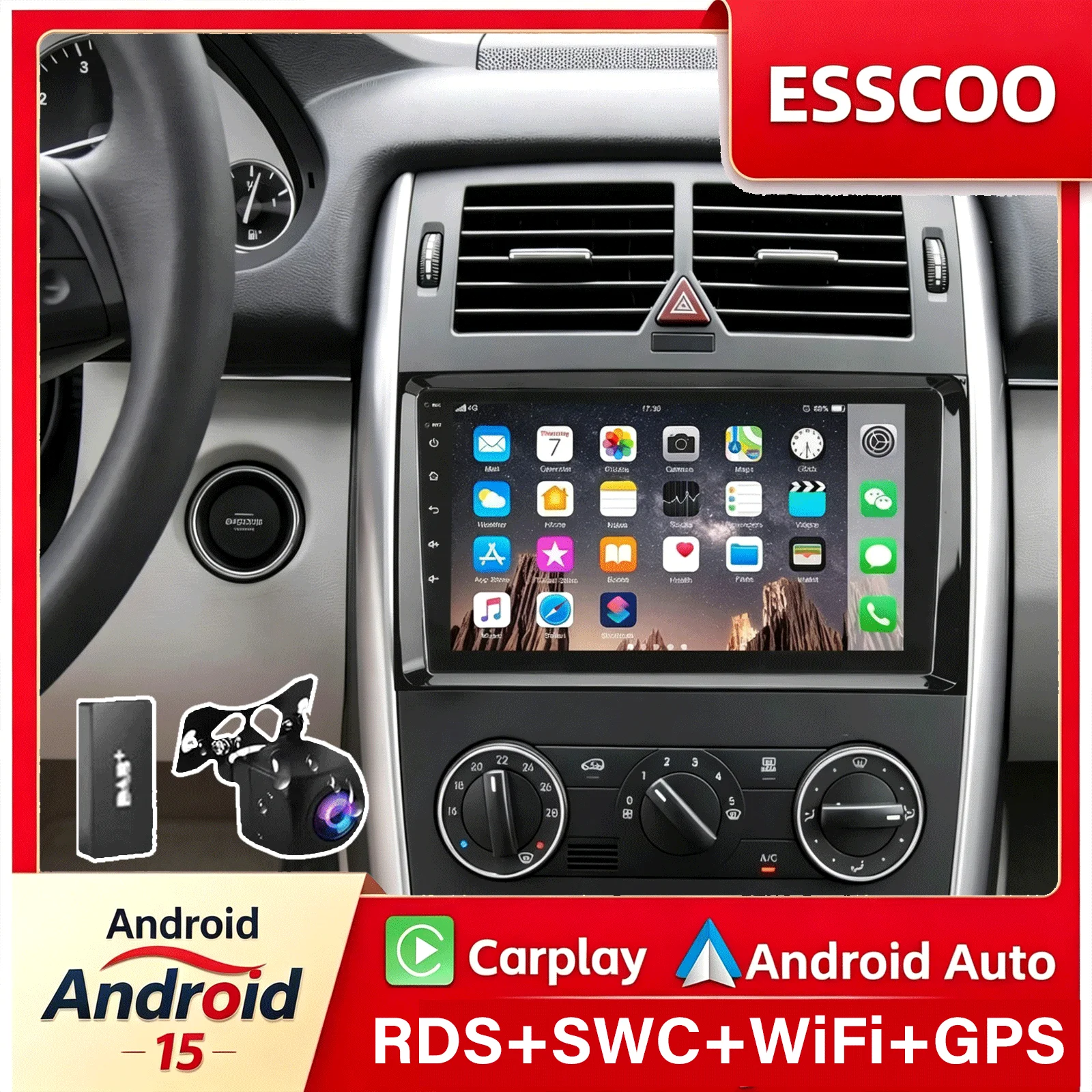ESSGOO 9-Zoll 4GB+64GB Android 15 Autoradio für Mercedes-Benz Vito 2 W639 Viano 2 W639 2003 2005 - 2015 mit WiFi, Carplay, Multimedia-Player, GPS, Video, DAB+ Adapter, Kamera, Bluetooth, RDS, FM Image