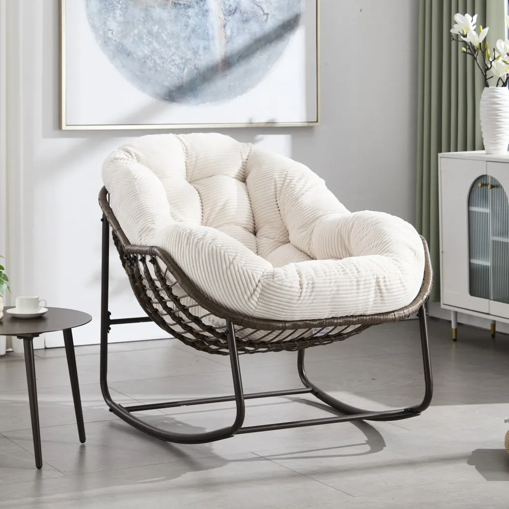 Liegestuhl, gepolsterter Rattan-Schaukelstuhl, Rückenlehne, stabiler Stahlrahmen, geeignet für Wohnzimmer, Terrassen, Gärten, französischer moderner Stil Image