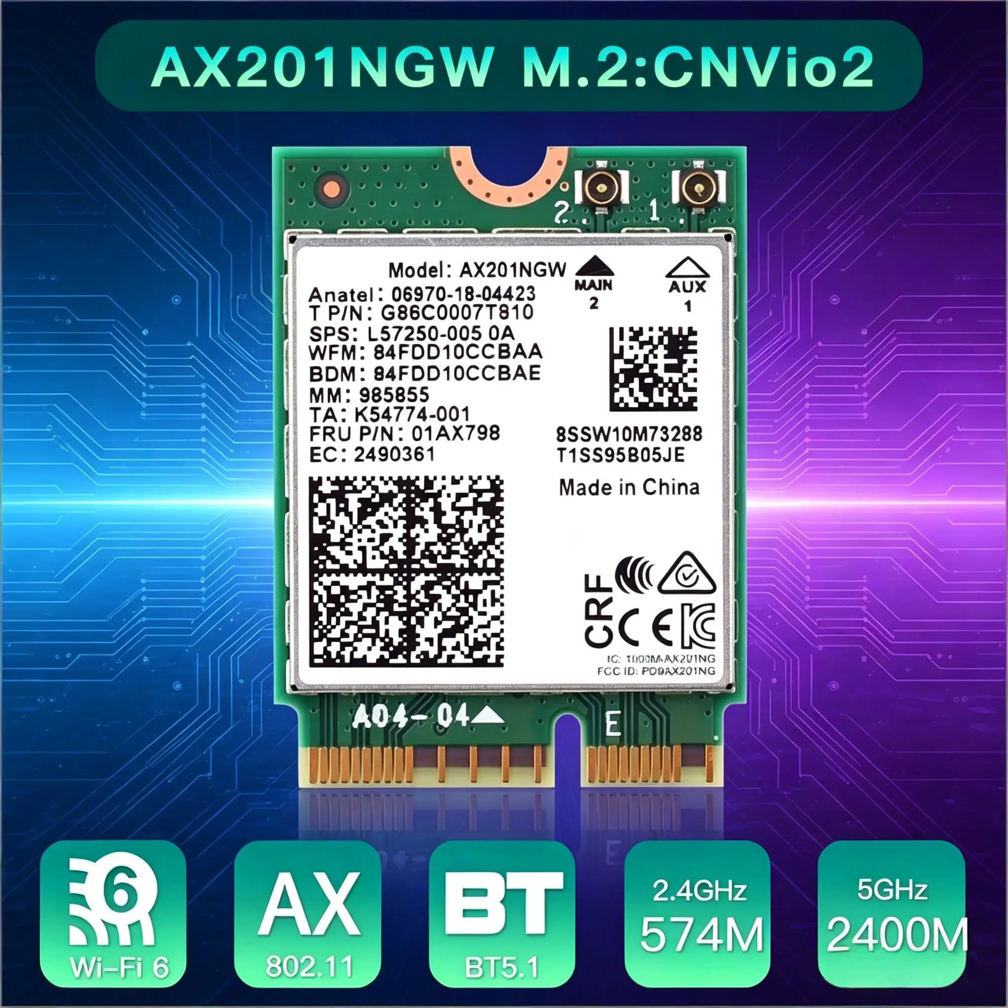 Wi-Fi 6 Intel AX201 M.2 Key E CNVio 2 WLAN-Karte Dual-Band 3000Mbps Drahtlos für Bluetooth 5.0 2,4GHz/5GHz 802.11ac/ax AX201NGW Image