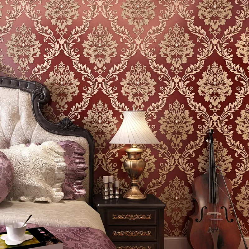 Europäischer Stil Vlies-Tapete Schlafzimmer Wohnzimmer Sofa TV-Hintergrundwand 3D Geprägte Tapete Luxuriöse Damast-Tapete Image