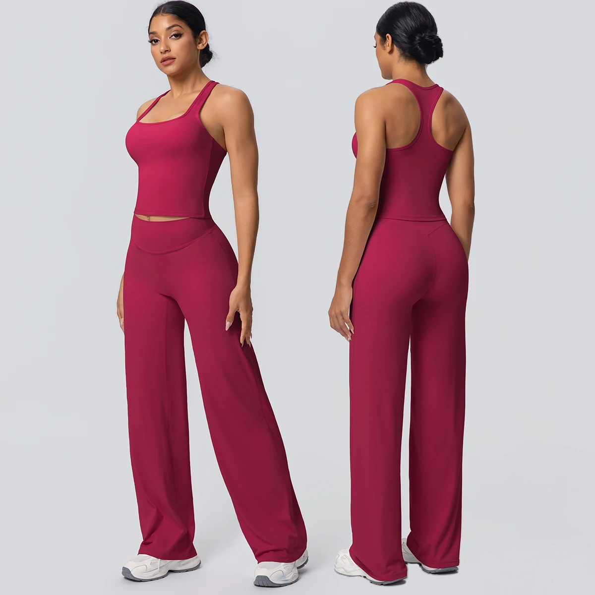 Einfarbig Weibliche Sportswear Yoga Set Gym Sport Training Scrunch I-förmigen Weste Atmungs Lose Breite Bein Hosen Yoga anzug Image