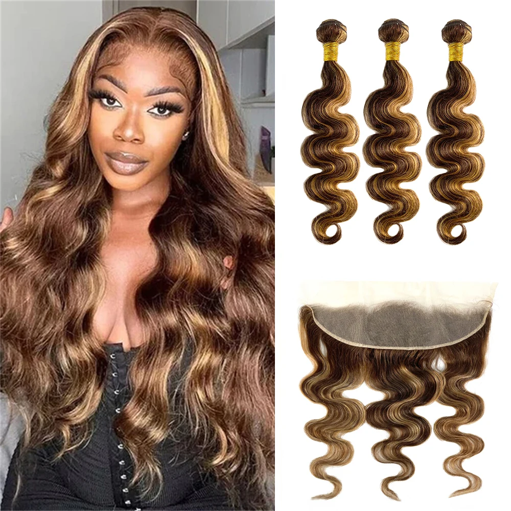 Highlight Body Wave Echthaar-Bündel mit 13 x 4 Spitzen-Frontal, Honigblond, 3 Bündel mit Frontalverschluss, P4/27, Haarverlängerungen Image