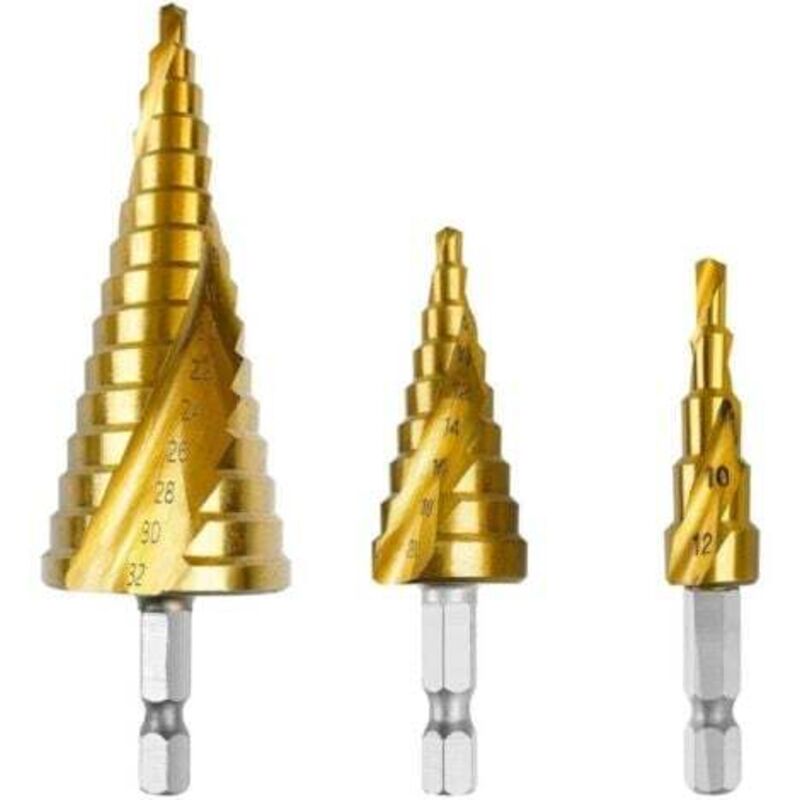 [non Utilizzato] Set Di 3 Punte Da Trapano A Gradini, Punte Coniche Hss Da 4-12 Mm/4-20 Mm/4-32 Mm Con Rivestimento In Titanio, Punte Da Trapano In Acciaio A Doppia Fessura, Punte Da Trapano A Gradini