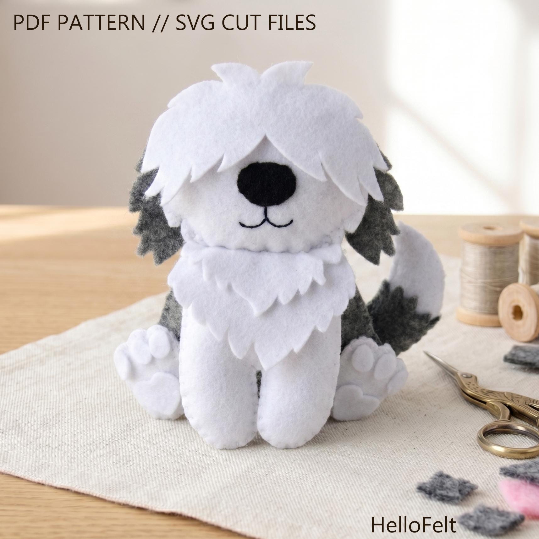 MODELLO PDF + SVG: Modello di cane in feltro Old English Sheepdog. Cane carino in feltro. Modello di cane in peluche. Modello di cane in feltro.