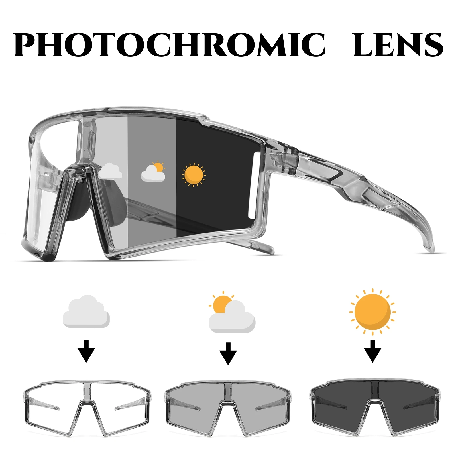Photochrome einteilige Sport-Sonnenbrille – übergroßer umlaufender Rahmen, UV400-Komfort-Passform für Radfahren, Angeln und Reisen Image