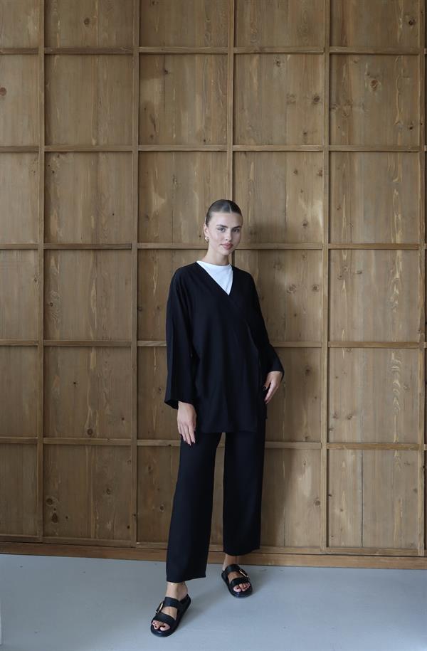 Knitterlook Textured Kimono Anzug Schwarz