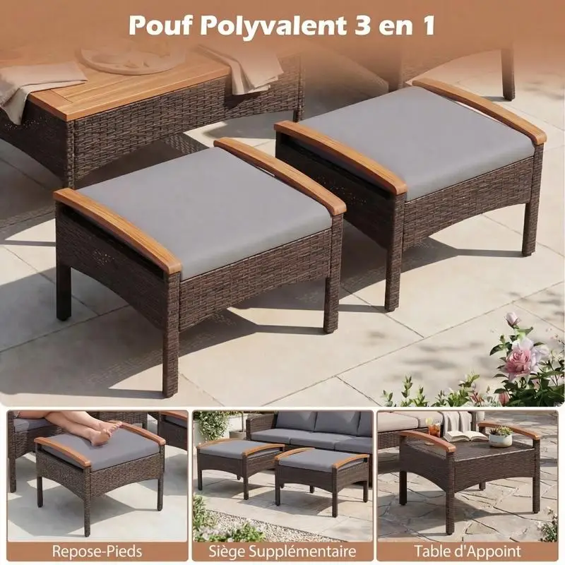 5-teiliges Outdoor-Rattan-Gartenmöbel-Set: 2 Sessel, 2 Hocker und Beistelltisch mit Akazienholzplatte und abnehmbaren Kissen Image