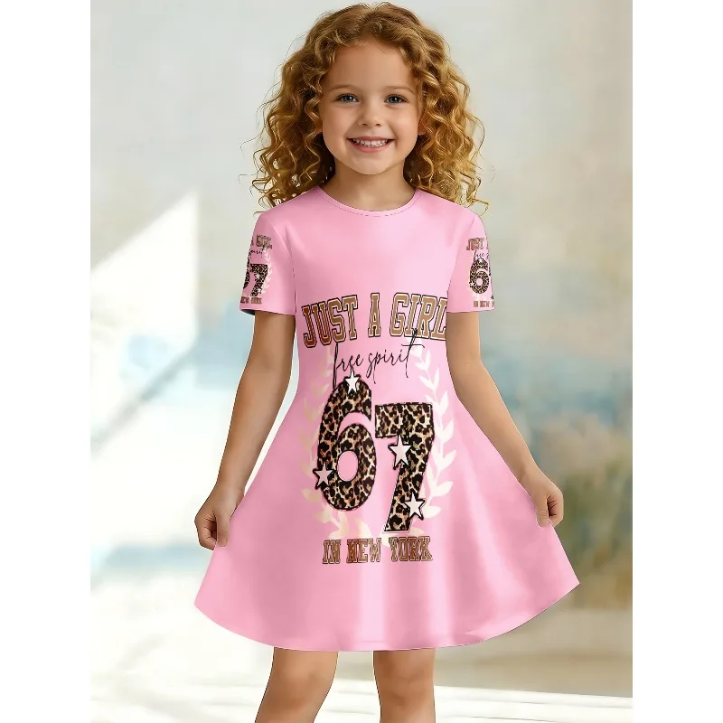 Girls Just A Girl New York Leopardenmuster 67 Print Kleid Rosa Kurzarm-T-Shirt-Kleid Geeignet für Geburtstagsgeschenke und Partys