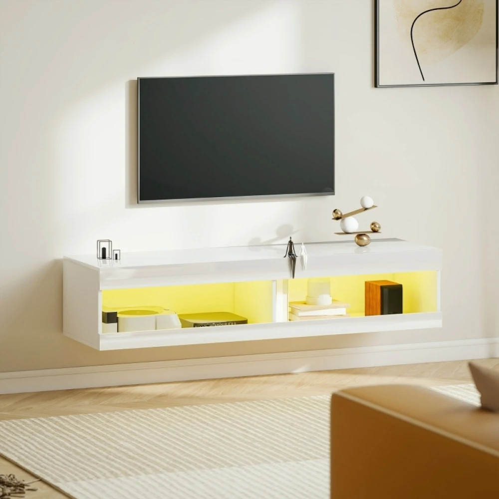 Meuble TV, meuble TV mural avec éclairage LED RGB en 16 couleurs, meuble TV avec rangement ouvert, pour téléviseurs de 55 à 60 pouces, pour salon, chambre, 140 x 40 x 30 cm, blanc brillant