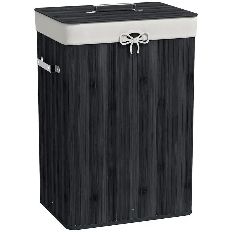 Wäschekorb, Wäschebox, Wäschesammler mit Deckel, Segeltuchbeutel, Bambus, faltbar, 72L, Schwarz 40 x 30 x 60 cm