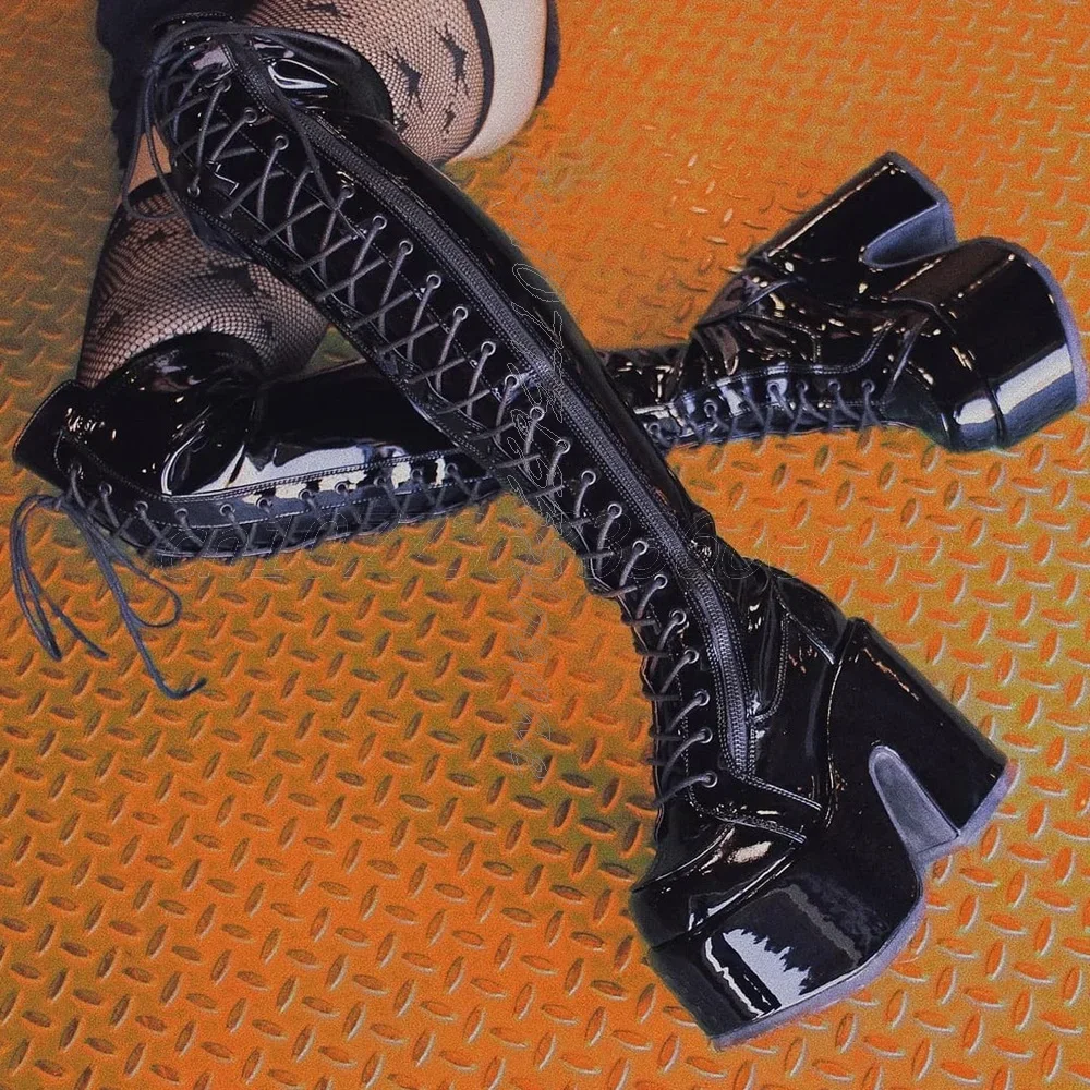 Punk-Stiefel mit Dicker Sohle und Reißverschluss-Dekoration Vorne Geschnürte Damenschuhe Schwarzes Leder Chunky Schuhe 2025 Zapatos Para Mujeres