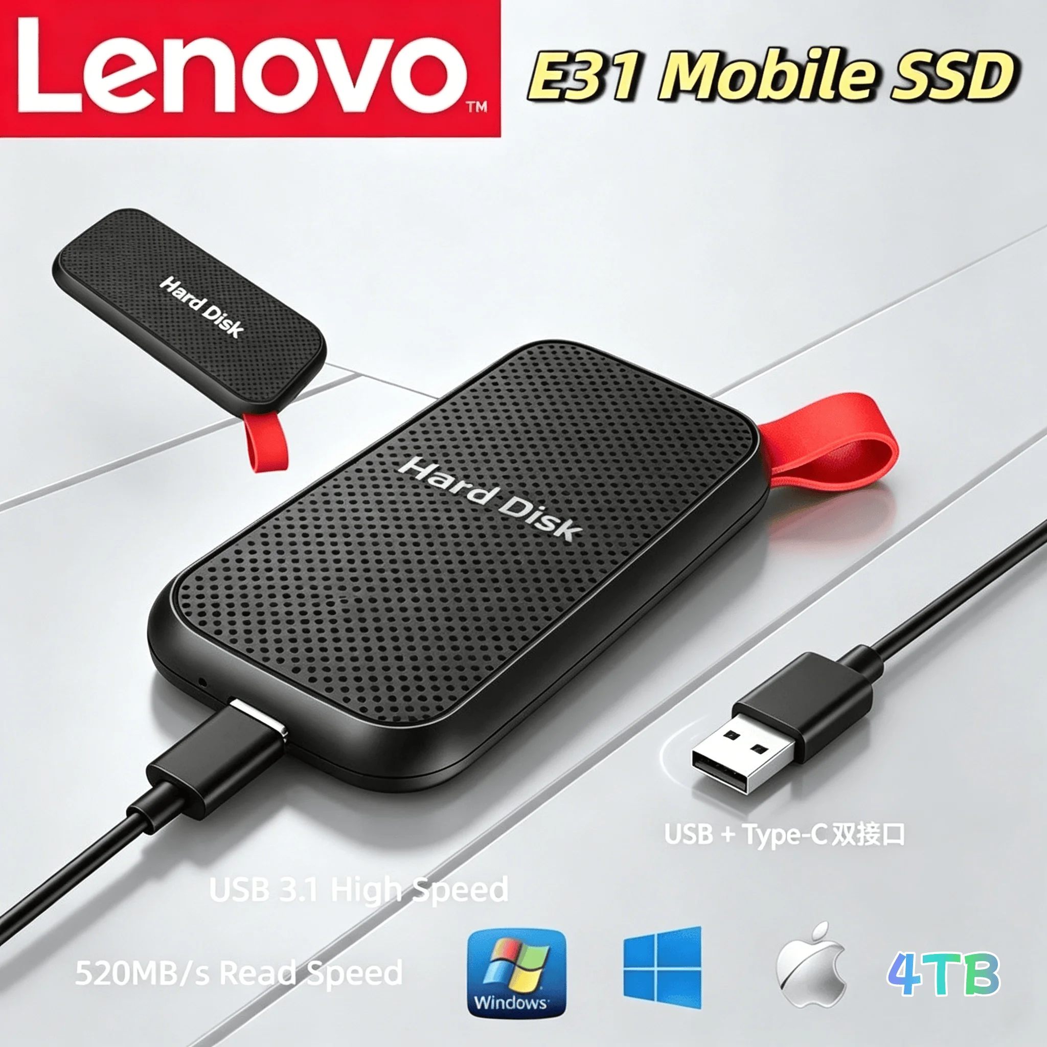 Lenovo E31 4TB USB 3.1 Externe SSD Tragbare Mobile Solid-State-Festplatte Hochgeschwindigkeits-Speicher für Laptop PS5 Handy Gaming Daten-Backup Image