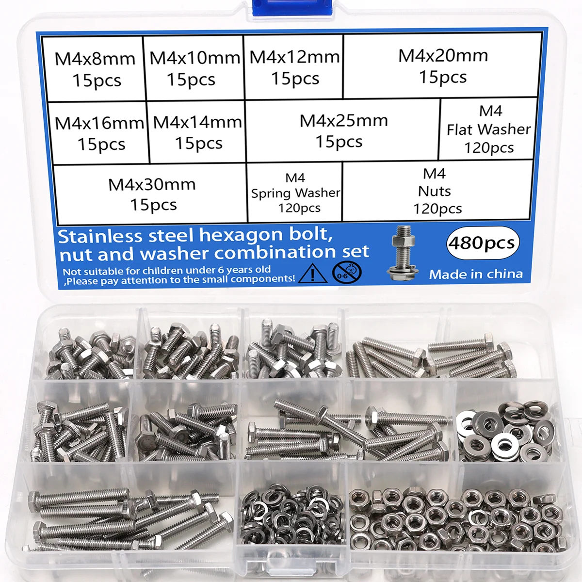 480-teiliges M4 Edelstahl-Sechskantschrauben-, Muttern- und Unterlegscheiben-Set; geeignet für Möbelreparaturen und DIY-Projekte. Image