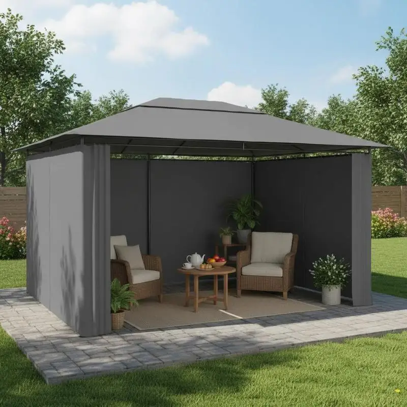 Gartenpavillon mit Schiebevorhängen – wetterfester Gartenpavillon für Veranstaltungen im Freien, Entspannungsbereiche und Familienbereiche. Image