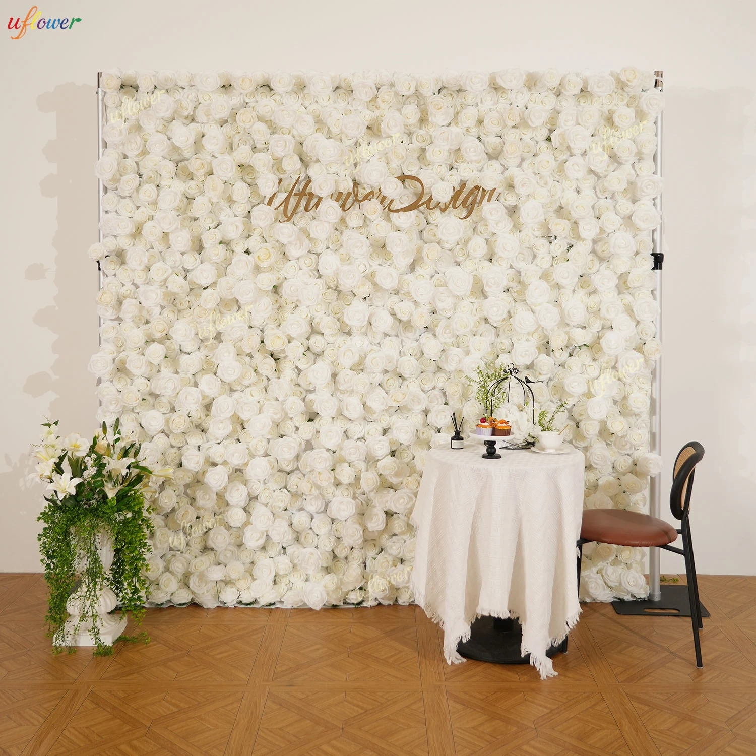 Uflower Luxuriöse 5D Milchweiße Rosen-Wanddekoration, Stoff-Hochzeits-Hintergrund, Künstliche Blumenarrangements für Hochzeiten und Events Image