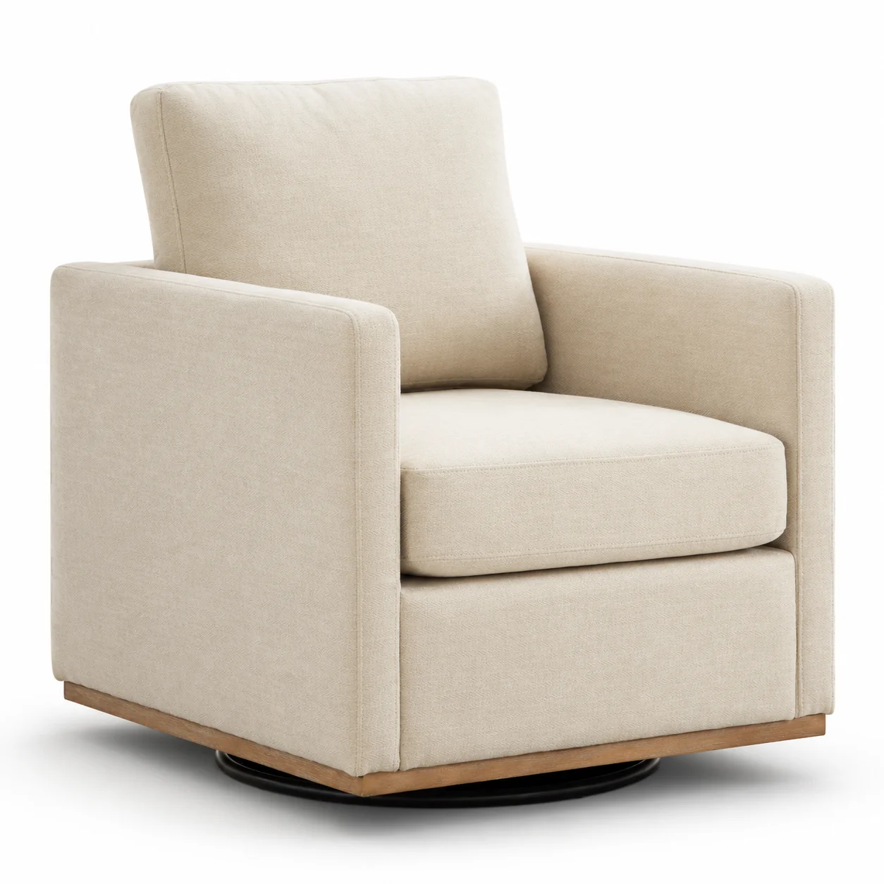 Drehsessel in Beige, gepolsterter Loungesessel mit Chenille-Bezug, 360° drehbarer Clubsessel mit Armlehnen, Rückenkissen und Holzsockel für Wohnzimmer & Schlafzimmer