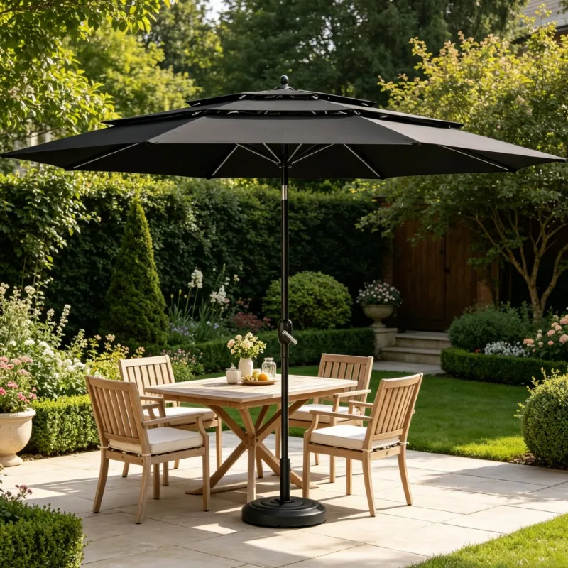 Parasol de jardin à 3 niveaux avec mât en aluminium noir, 2x2m, élégant et fonctionnel, idéal pour les patios de jardin, les terrasses de jardin et les espaces repas en plein air comme décoration de